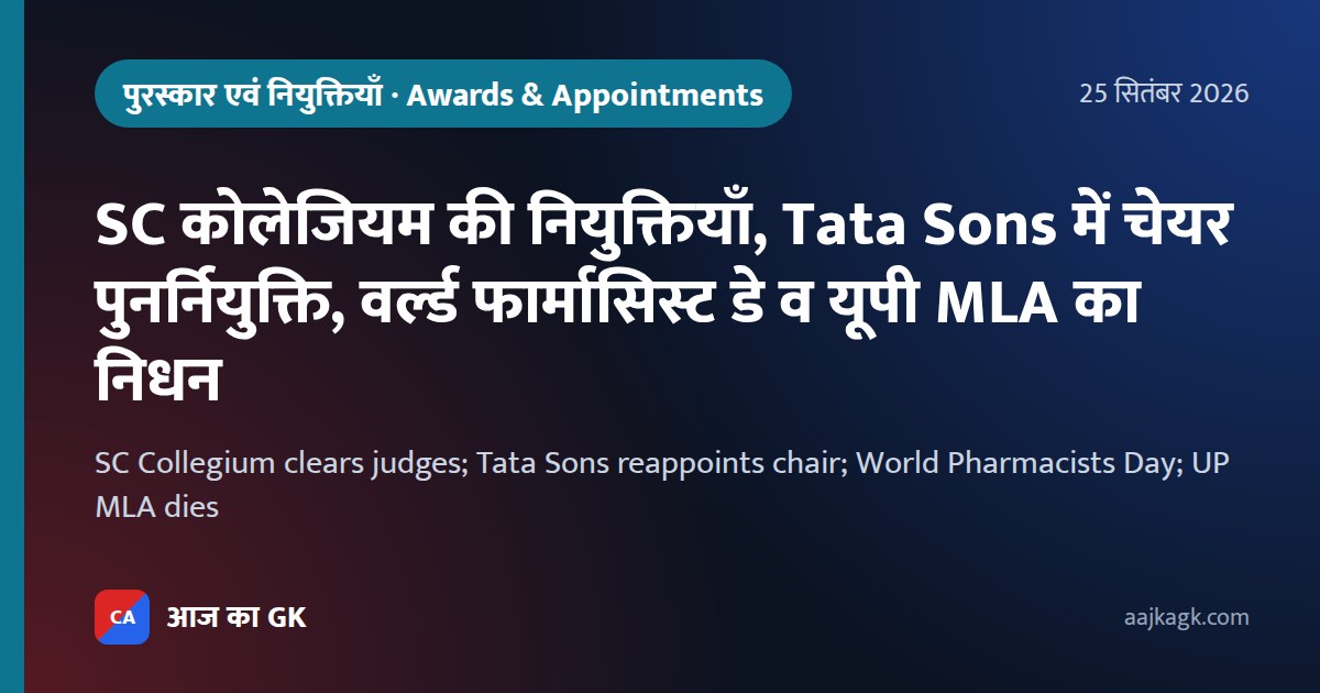 SC Collegium clears judges; Tata Sons reappoints chair; World Pharmacists Day; UP MLA dies