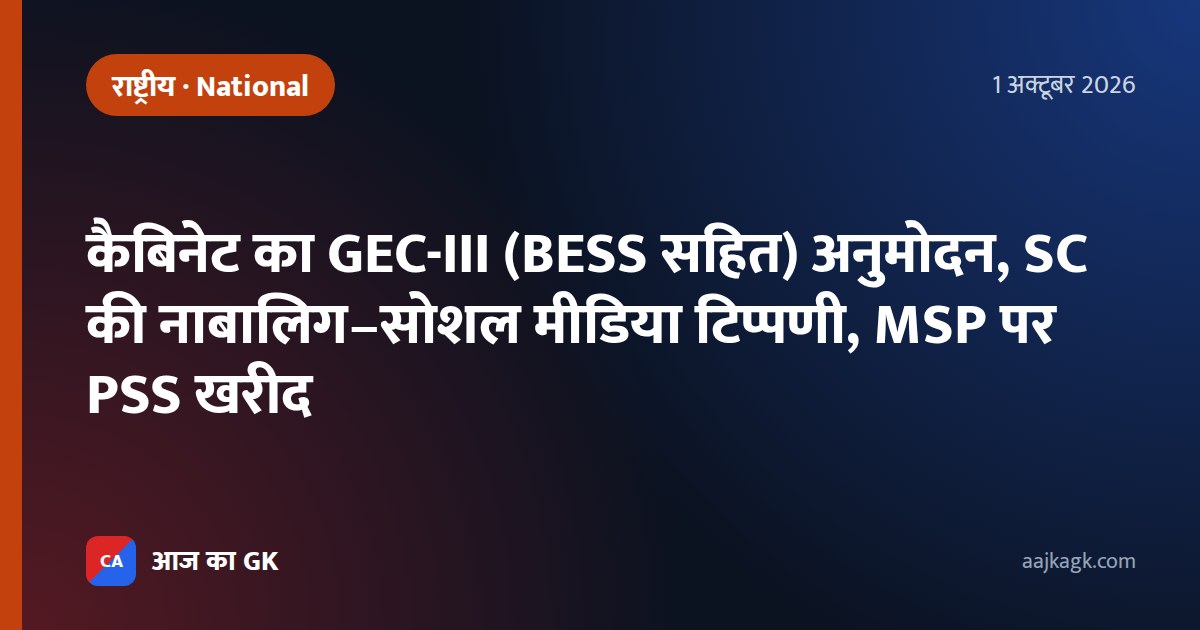 कैबिनेट का GEC-III (BESS सहित) अनुमोदन, SC की नाबालिग–सोशल मीडिया टिप्पणी, MSP पर PSS खरीद