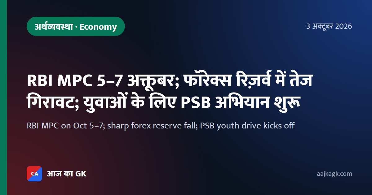 RBI MPC 5–7 अक्तूबर; फॉरेक्स रिज़र्व में तेज गिरावट; युवाओं के लिए PSB अभियान शुरू