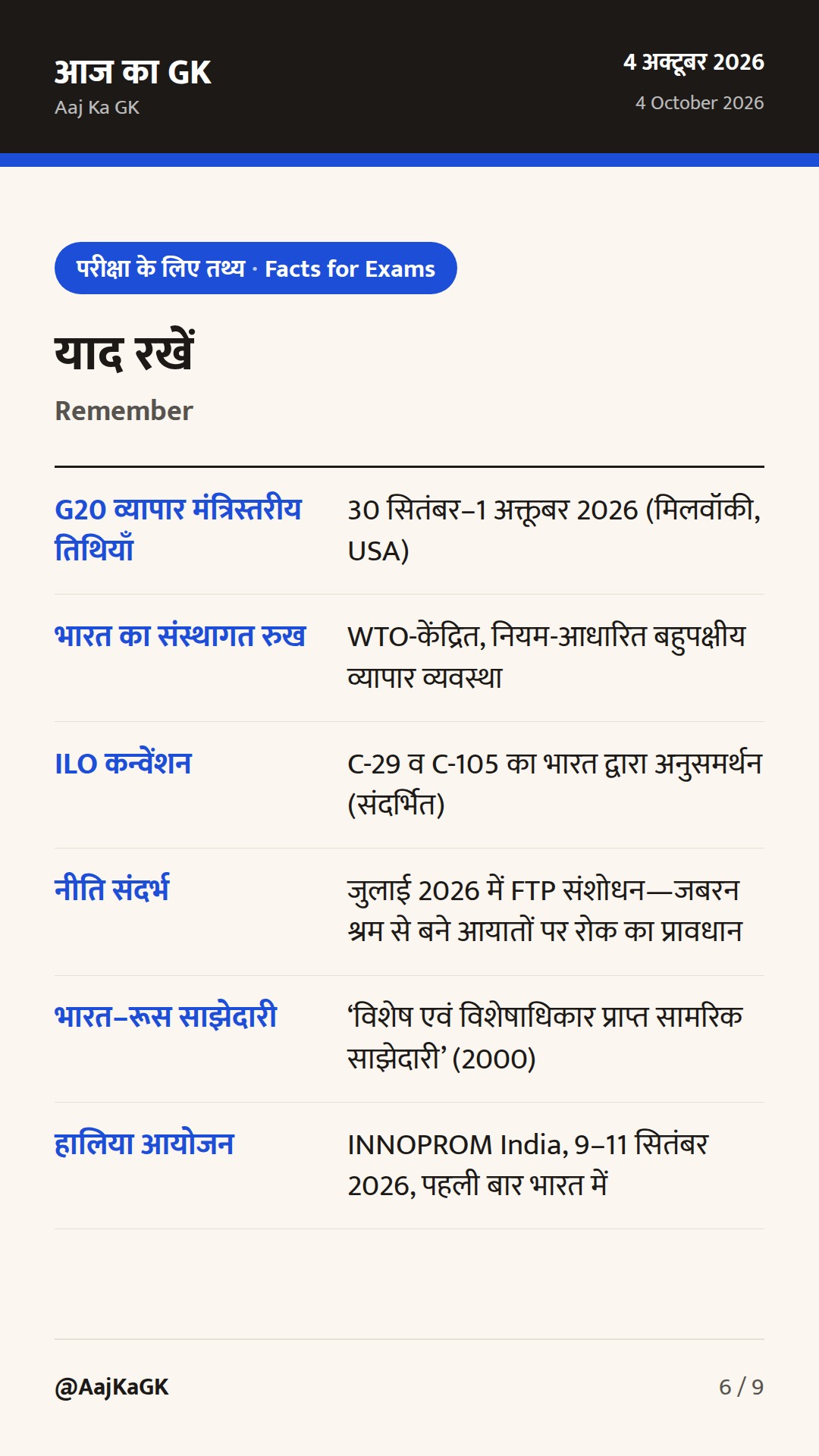 G20 व्यापार मंत्रिस्तरीय में भारत की रेखांकन; भारत–रूस साझेदारी पर उच्चस्तरीय समीक्षा — 6