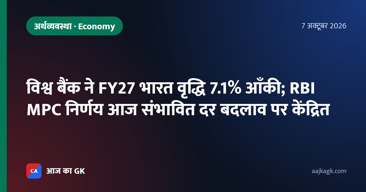 विश्व बैंक ने FY27 भारत वृद्धि 7.1% आँकी; RBI MPC निर्णय आज संभावित दर बदलाव पर केंद्रित