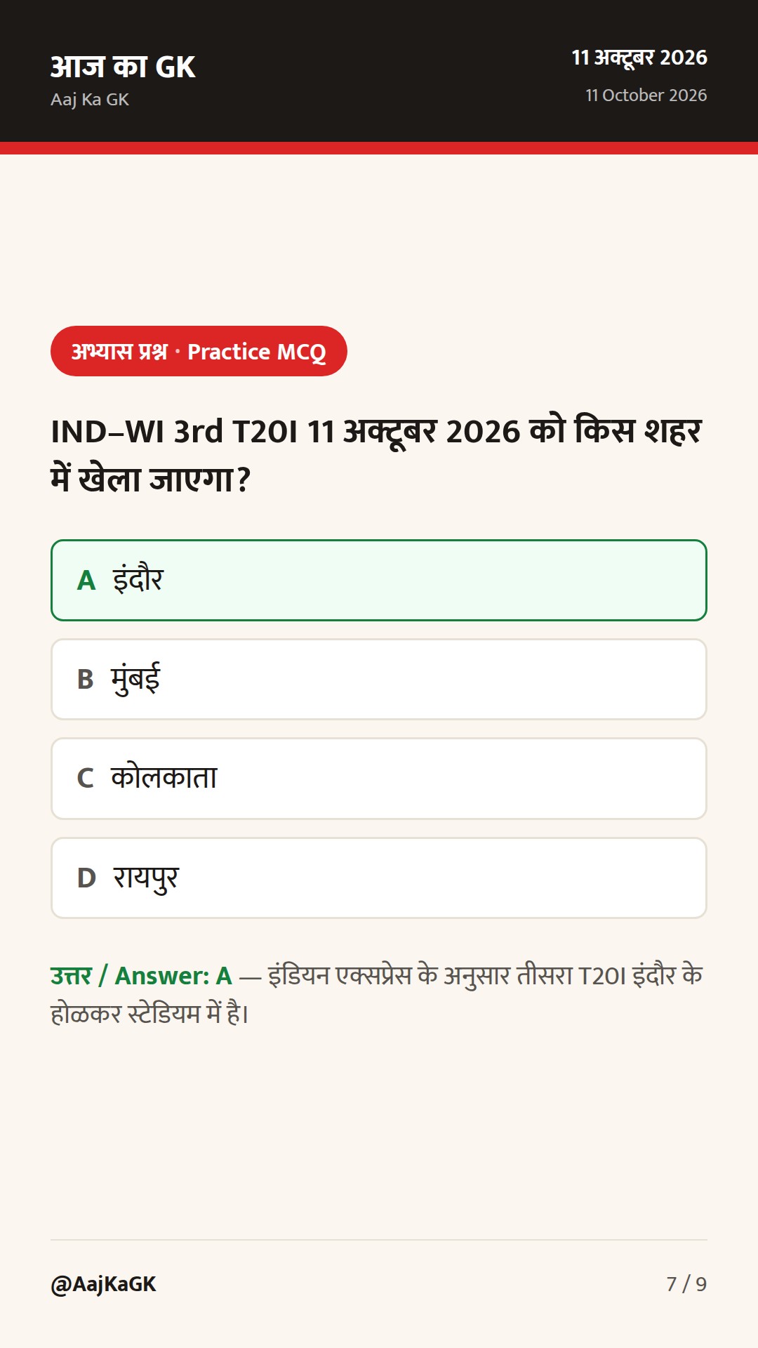 IND–WI 3rd T20I आज इंदौर में; झांसी हॉकी नेशनल्स Day-1 धमाकेदार; ISL वीकेंड एक्शन — 7