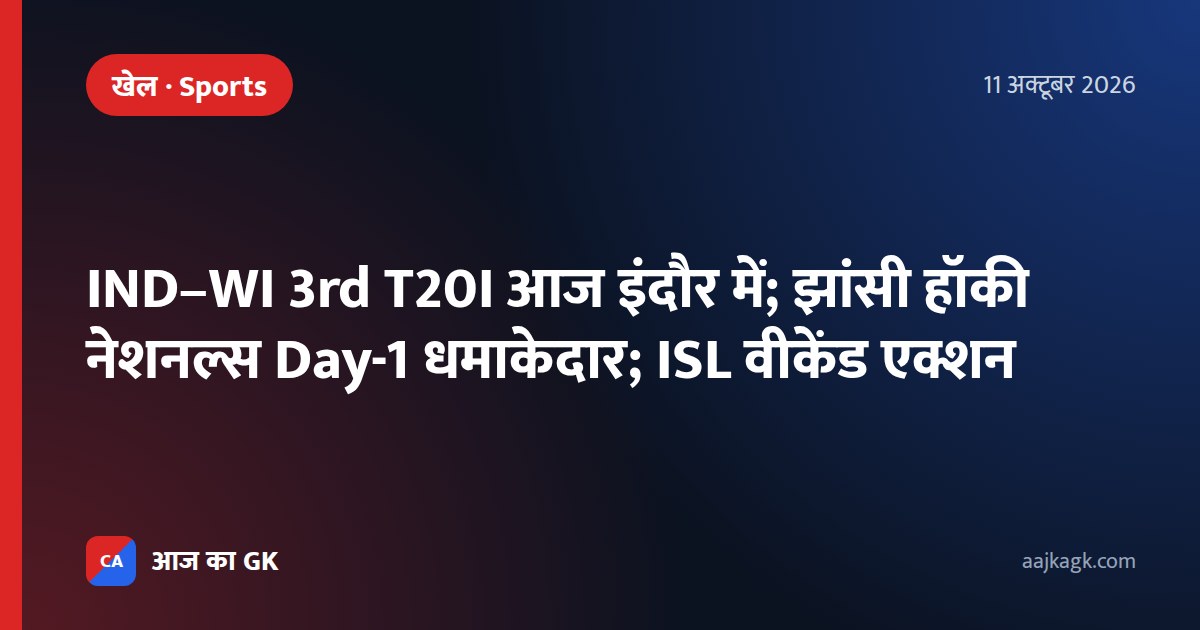 IND–WI 3rd T20I आज इंदौर में; झांसी हॉकी नेशनल्स Day-1 धमाकेदार; ISL वीकेंड एक्शन