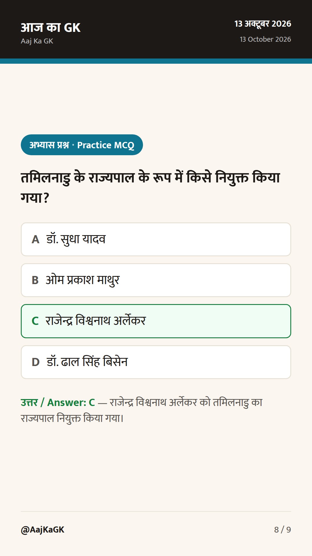 6 राज्यों में नए राज्यपाल; डाक सप्ताह में ‘फाइनेंशियल इन्क्लूजन डे’ आज — परीक्षा हेतु मुख्य तथ्य — 8