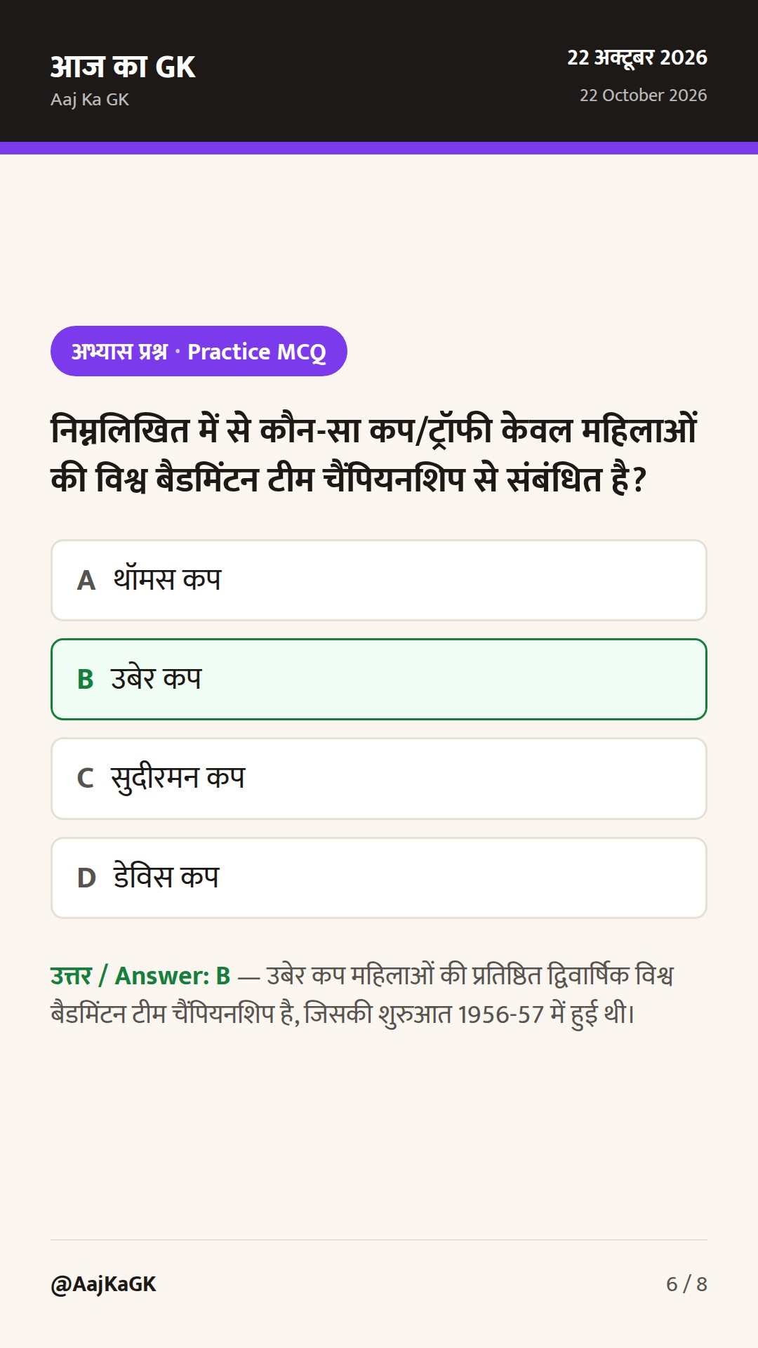 खेल — प्रमुख ट्रॉफी, कप और उनसे जुड़े खेल: प्रतियोगी परीक्षाओं हेतु संपूर्ण मार्गदर्शिका — 6