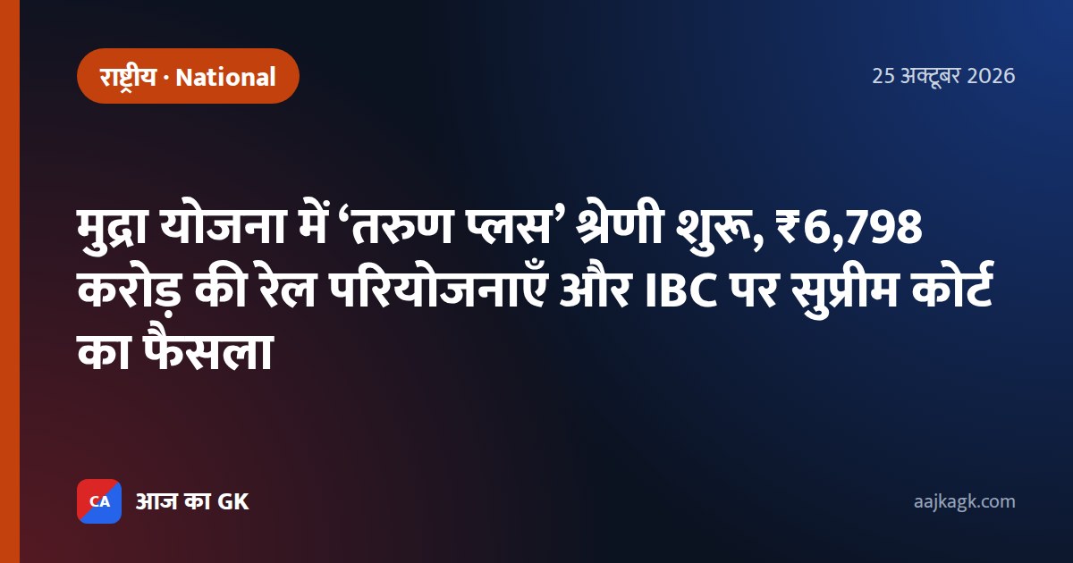 मुद्रा योजना में ‘तरुण प्लस’ श्रेणी शुरू, ₹6,798 करोड़ की रेल परियोजनाएँ और IBC पर सुप्रीम कोर्ट का फैसला